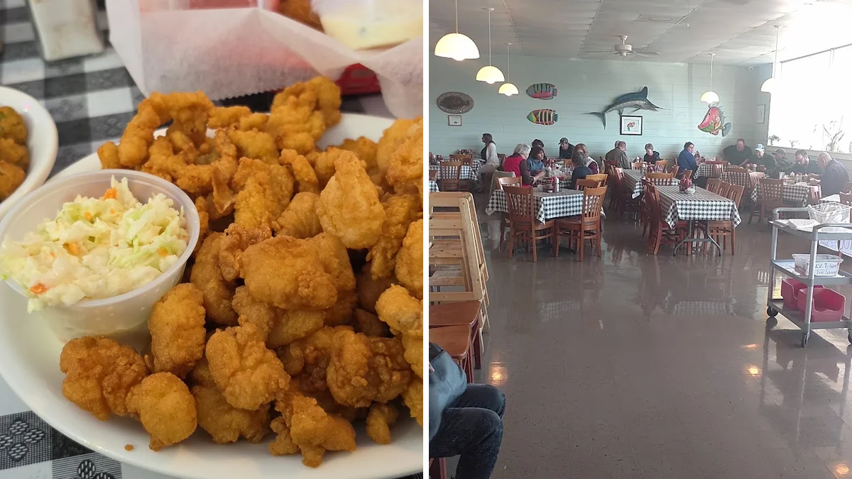 Fried shrimp and clams served in paper-lined baskets.