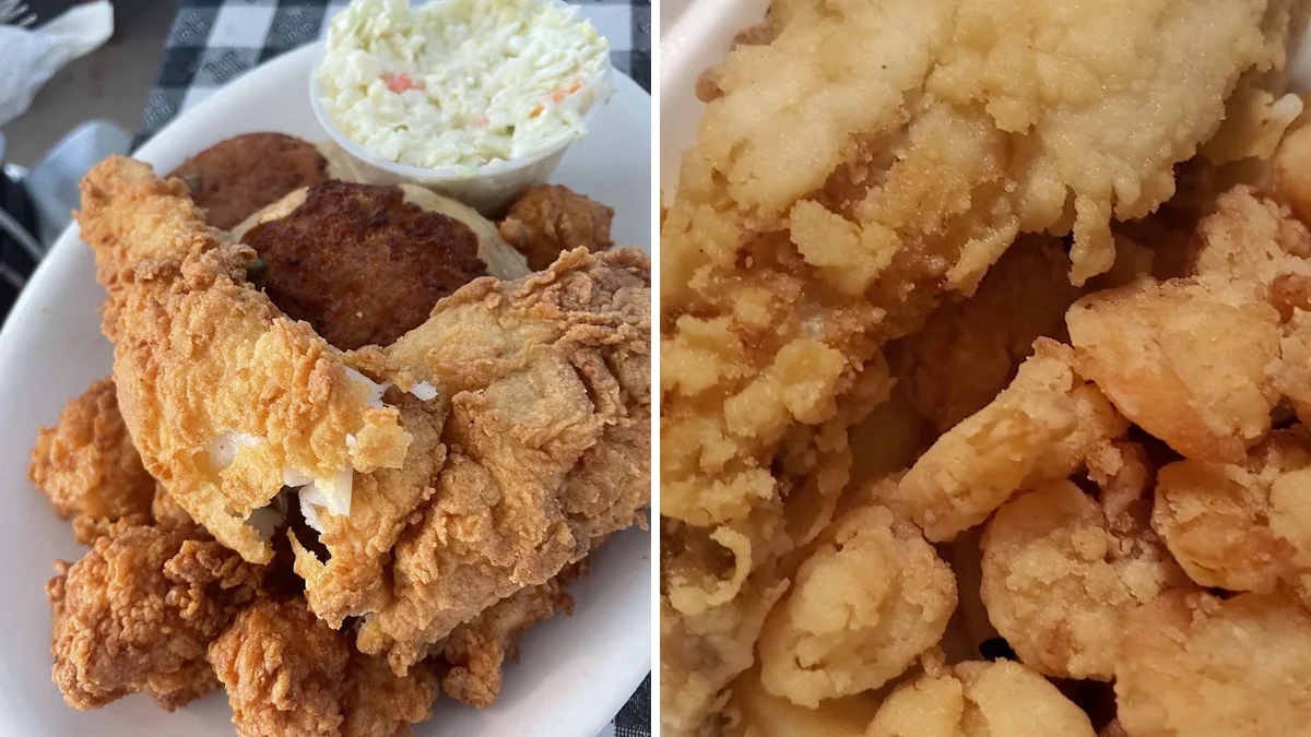 Seafood platters on a casual restaurant table.