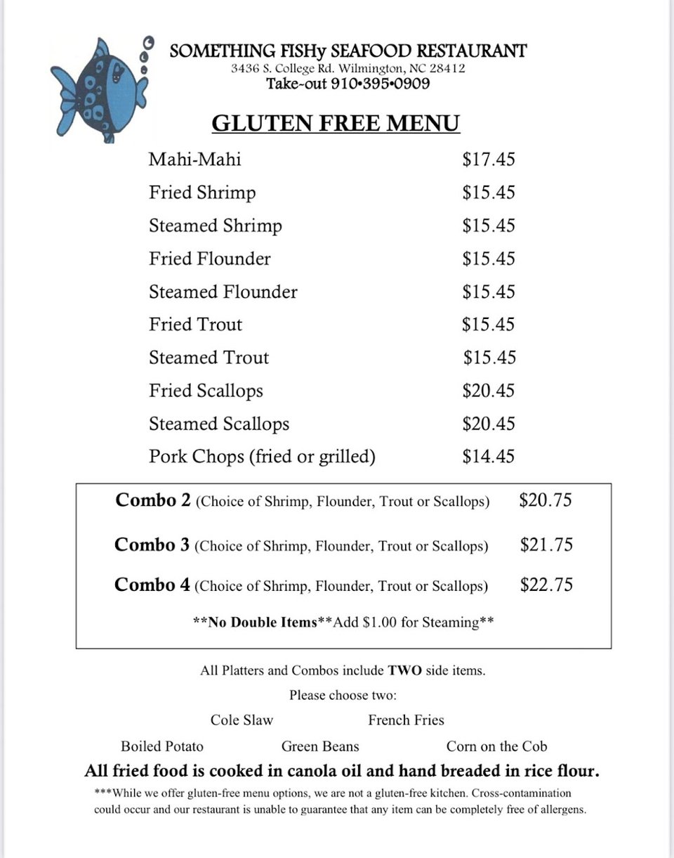 Printed seafood menu with chowder and fried platters.