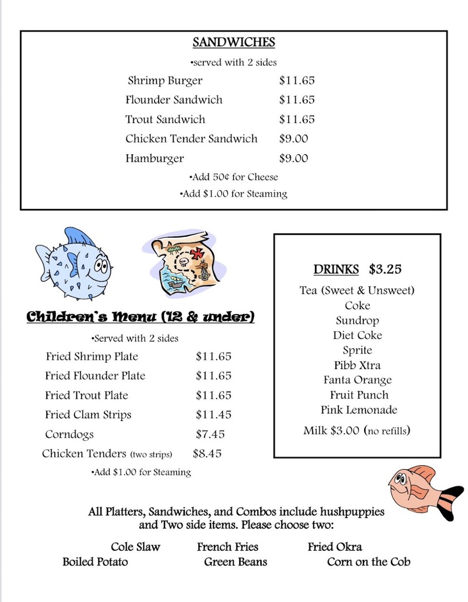 Clam chowder, shrimp, and flounder listed on menu.