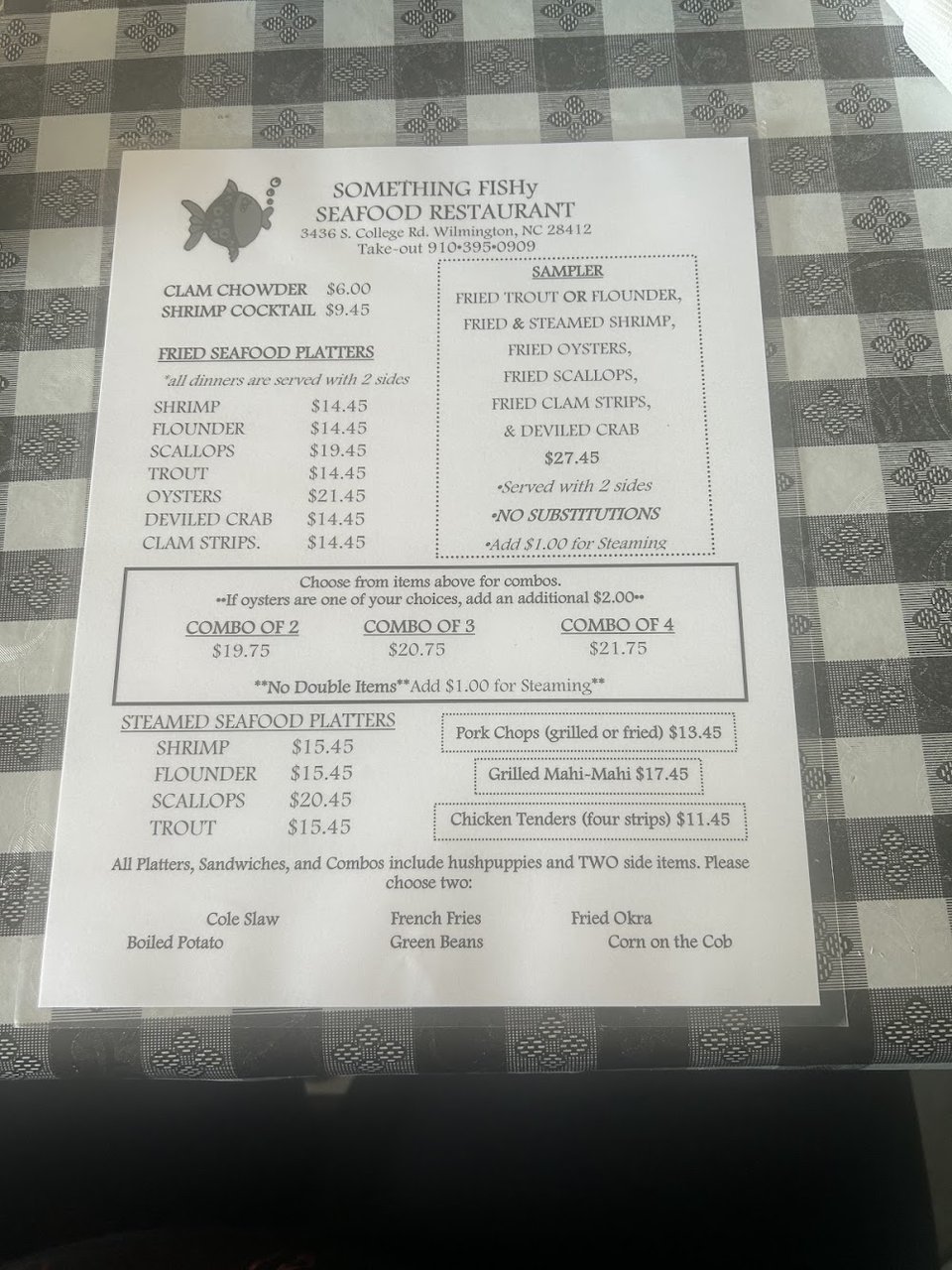 Menu page showing appetizers and sampler platters.